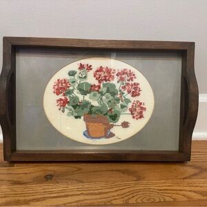 Vintage Wooden Tray with Floral Geraniums Embroidery Cross Stitch